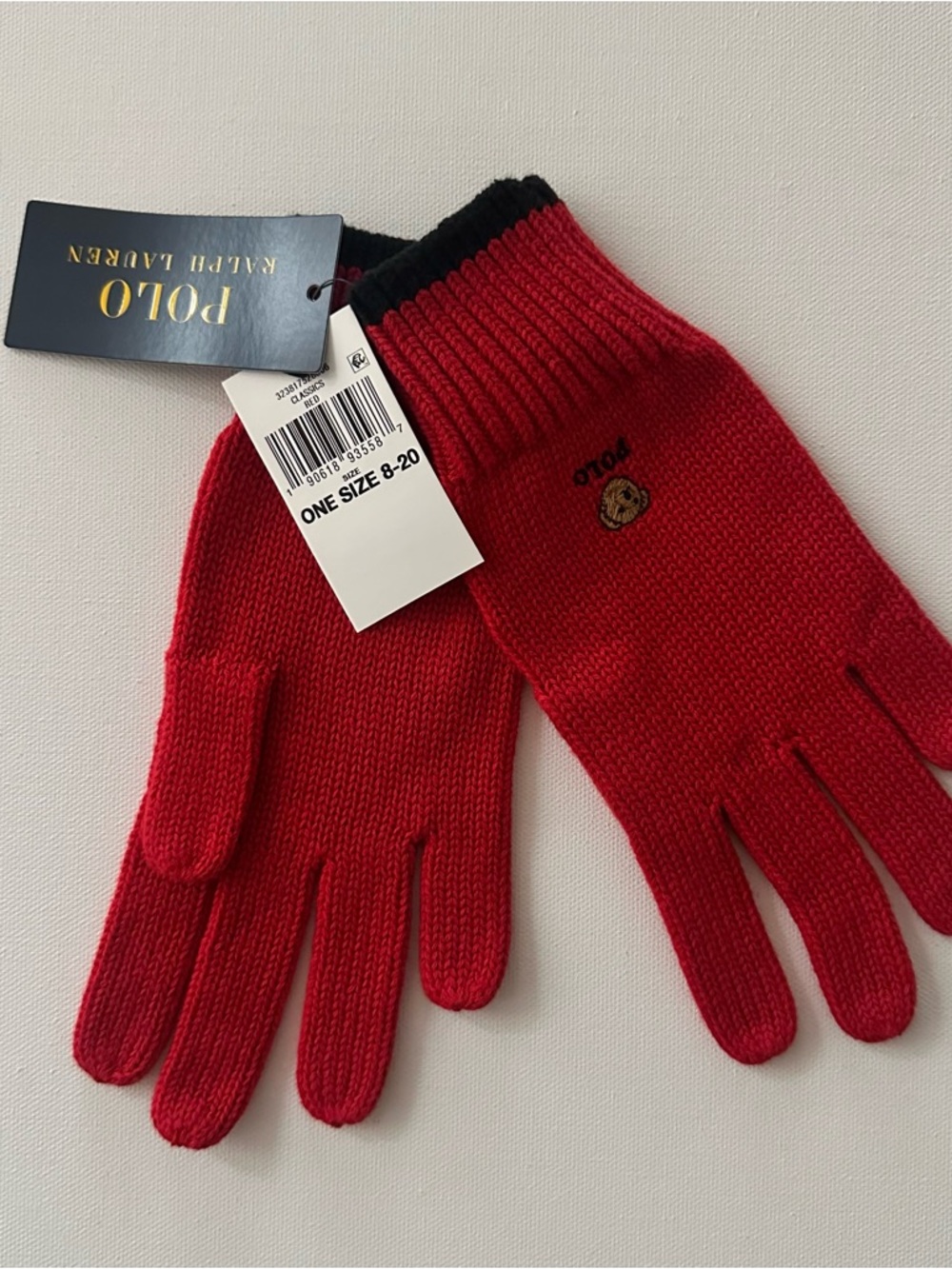 Polo Ralph Lauren Size 8-20 Red Knit Gloves Bear Embroidery NWT